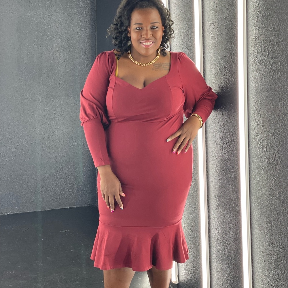 ELOQUII red ruffle hem midi dress